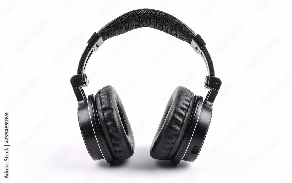 Fototapeta premium features a pair of headphones placed on a plain white background. The headphones are sleek and modern, with a design that is simple yet elegant. The white background highlights the headphones