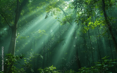 The image shows a dense forest with an abundance of vibrant green trees filling the landscape. The canopy is thick and lush, creating a verdant and captivating scene.