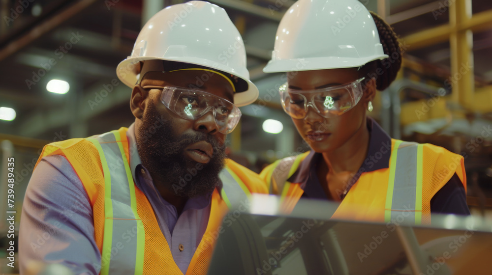 male and female industrial worker or engineer are focused on a laptop male and female industrial worker or engineer are focused on a laptop