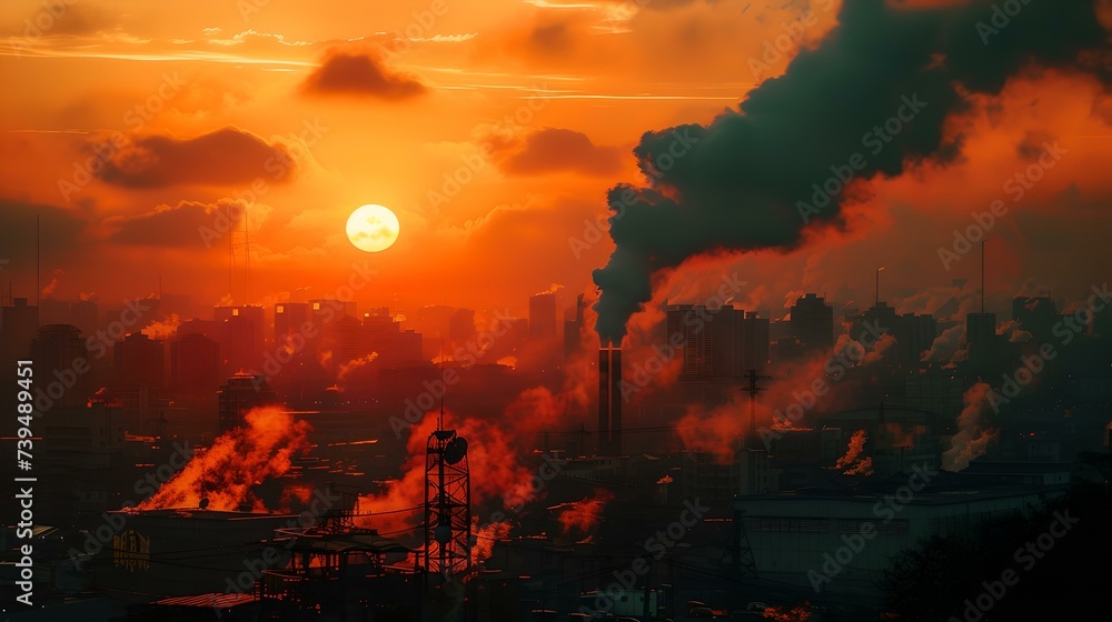 Industrial sunset with smokestacks silhouettes. pollution and environmental impact. vivid orange skies at dusk. ideal for eco-awareness campaigns. AI