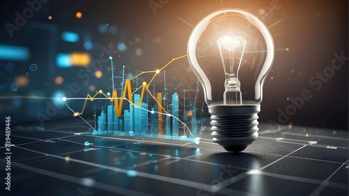 The notion includes strategic business themes related to planning, innovation, business growth, economic growth, advertising, promotion, futuristic graphic icon, and lightbulb. 