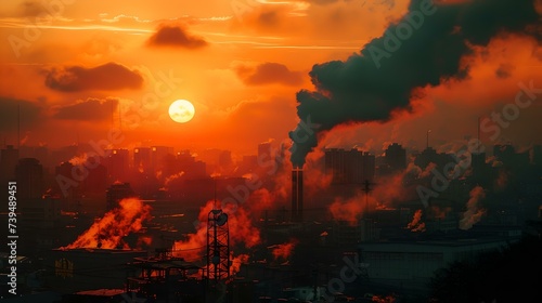 Industrial sunset with smokestacks silhouettes. pollution and environmental impact. vivid orange skies at dusk. ideal for eco-awareness campaigns. AI
