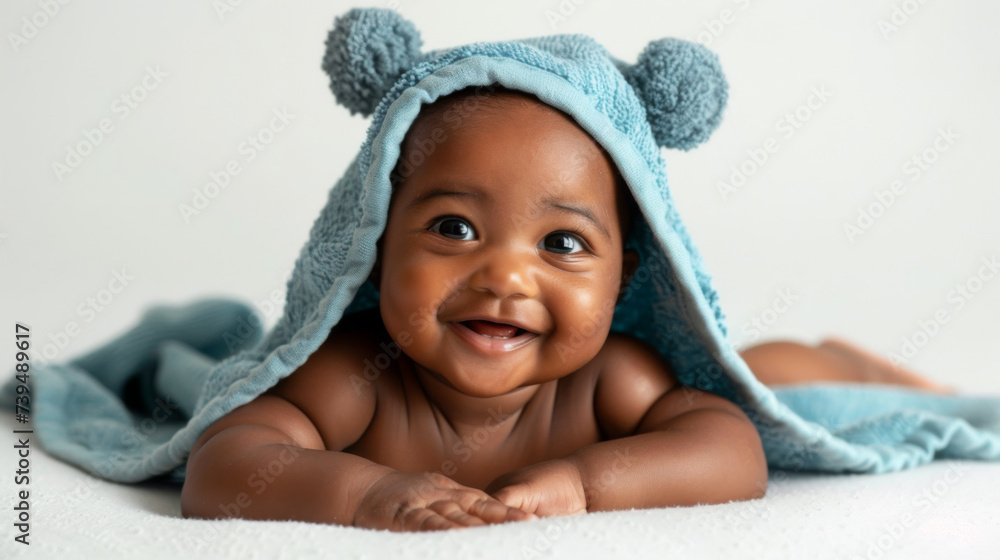 A smiling baby with bright blue eyes is lying on a white surface, covered partially with a blue blanket with pompoms on the hood. A smiling baby with bright blue eyes is lying on a white surface, covered partially with a blue blanket with pompoms on the hood.