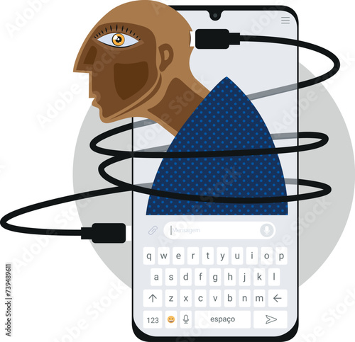 Ilustração de Dependência de redes sociais. Plugue USB do telefone celular na fonte de alimentação