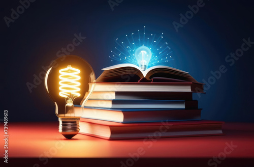 World Intellectual Property Day, a burning light bulb on an open book, a stack of books, searching for an idea, self-learning, thinking and creative concept, gaining knowledge, dark background