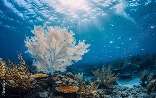 captures the vibrant underwater scene of a coral reef with a sea fan swaying gently in the current. The colorful coral formations provide a habitat for a variety of marine life in this thriving ecosys photo