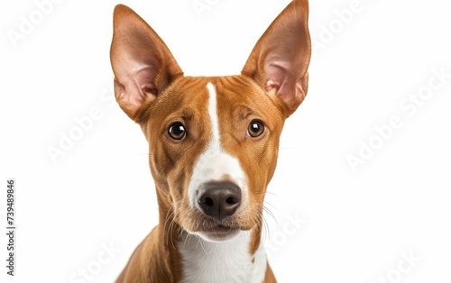 of a brown and white dog staring directly at the camera with a curious expression on its face. The dogs fur is a mix of brown and white colors, and it appears to be alert and focused. © imagineRbc