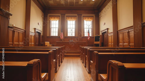 Empty USA courtroom with three windows in the back. Legal proceedings take place in a room just like this.