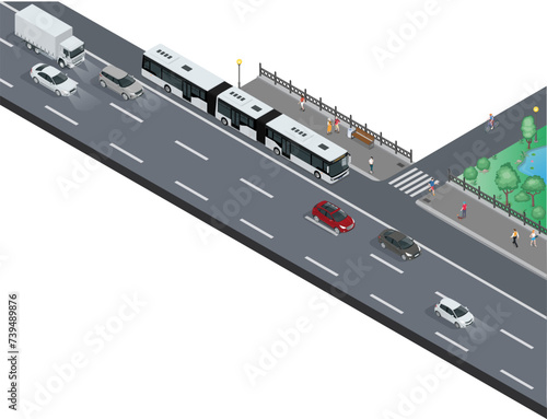 Ilustração de Ônibus biarticulado da cidade de São Paulo, avenida com corredor para onibus, carro e caminhão, calçada para pedestres ao lado do parque ecológico