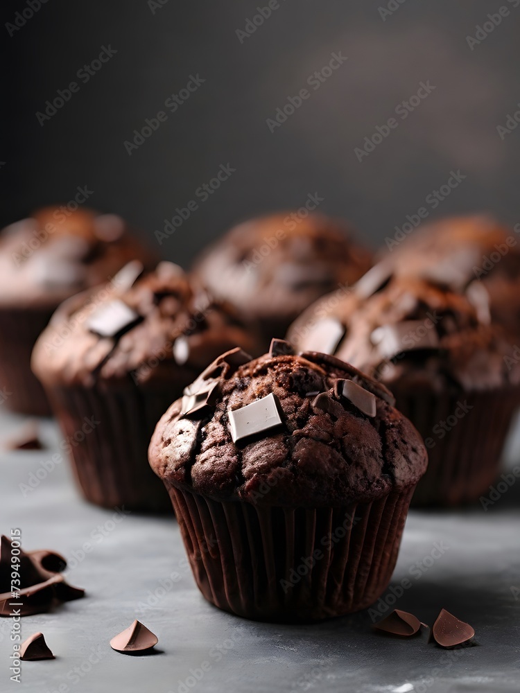 Delicious fresh chocolate muffins on grey table, closeup Delicious fresh chocolate muffins on grey table, closeup