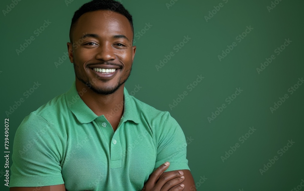 A portrait of a multiracial man wearing a green shirt smiling directly at the camera. He exudes confidence and happiness in this simple yet striking image. A portrait of a multiracial man wearing a green shirt smiling directly at the camera. He exudes confidence and happiness in this simple yet striking image.