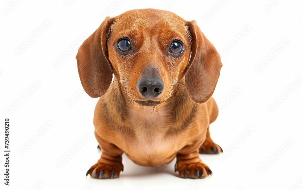 of a brown dachshund puppy sitting on a plain white background. The puppy appears alert and curious, with floppy ears and soulful eyes.