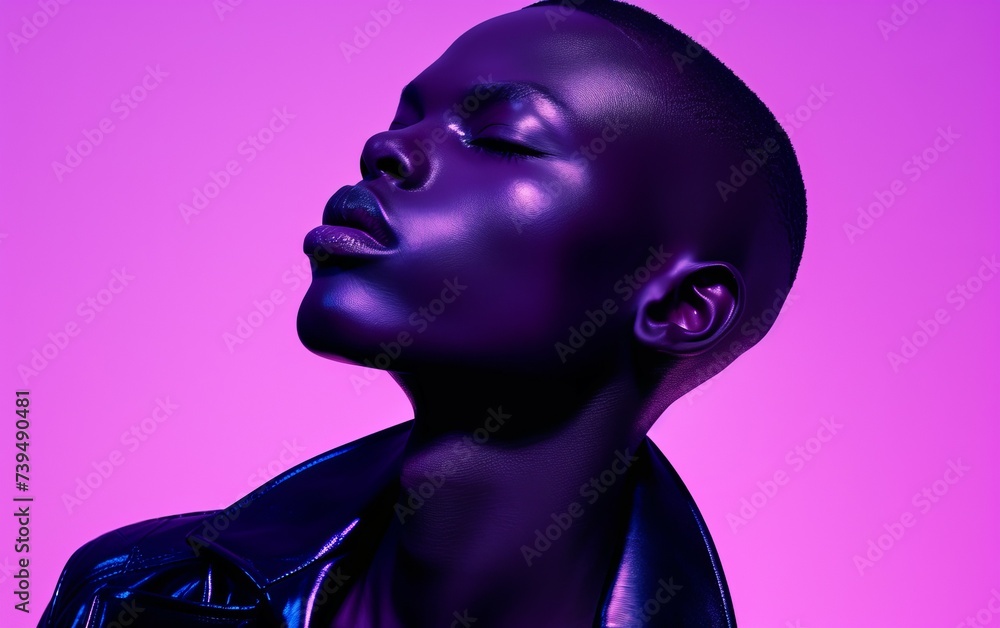 of a multiracial woman wearing a black leather jacket while her eyes are closed, expressing a moment of introspection or relaxation. of a multiracial woman wearing a black leather jacket while her eyes are closed, expressing a moment of introspection or relaxation.