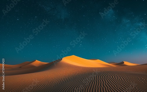 a dark desert landscape under a night sky filled with twinkling stars. The vast expanse of the desert contrasts with the shimmering celestial bodies above.