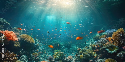 An underwater coral reef scene, diverse marine life, vivid colors, showcasing the beauty and diversity of ocean life. Underwater photography, coral reef ecosystem, diverse marine life,. Resplendent.