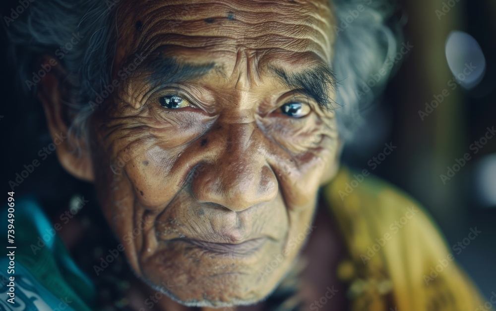 captures a close-up of an elderly woman with distinct wrinkles on her face, portraying the passage of time and her life experiences. captures a close-up of an elderly woman with distinct wrinkles on her face, portraying the passage of time and her life experiences.