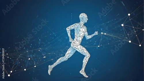 An abstract running figure forms triangles, lines, and a point connecting the network on a blue background. Illustration in vector format © Shehzad