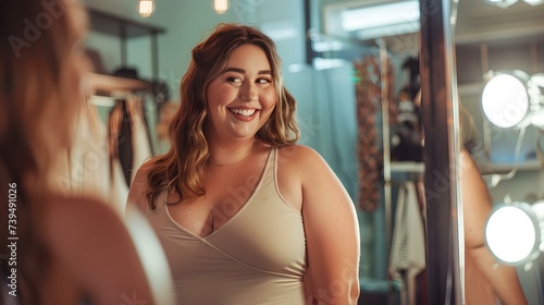Confident young woman smiling at her reflection in a mirror. casual dressing room moment captured. body positivity theme. indoor lighting. AI photo