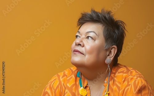 of a multiracial woman with short hair wearing a yellow shirt, exuding a casual and confident demeanor.