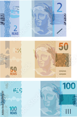 O Real é a moeda oficial da República Federativa do Brasil. nota de dois, nota de cinquenta, nota de cem reais