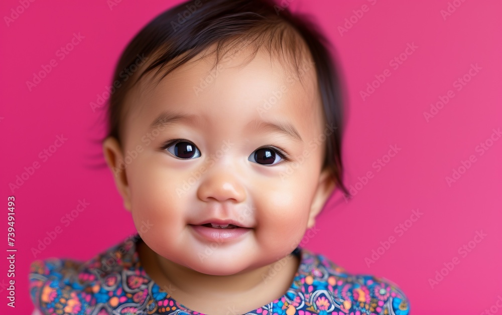 features a close-up shot of a multiracial baby against a soft pink background. The babys features and expressions are the main focus of the image. features a close-up shot of a multiracial baby against a soft pink background. The babys features and expressions are the main focus of the image.