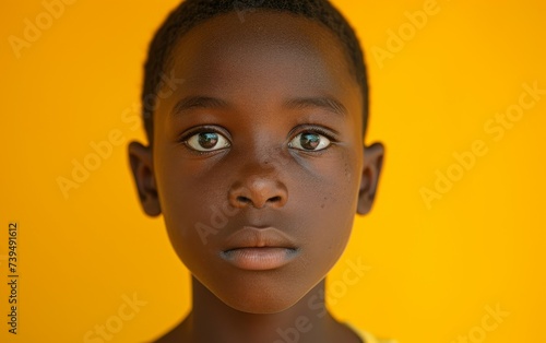 A close up photograph showcasing a child with a diverse background in bright yellow tones. The childs facial features are highlighted in great detail against the vibrant backdrop. © imagineRbc