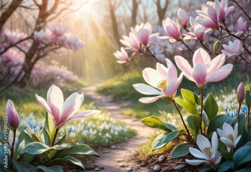 Magnolia flower against green grass background