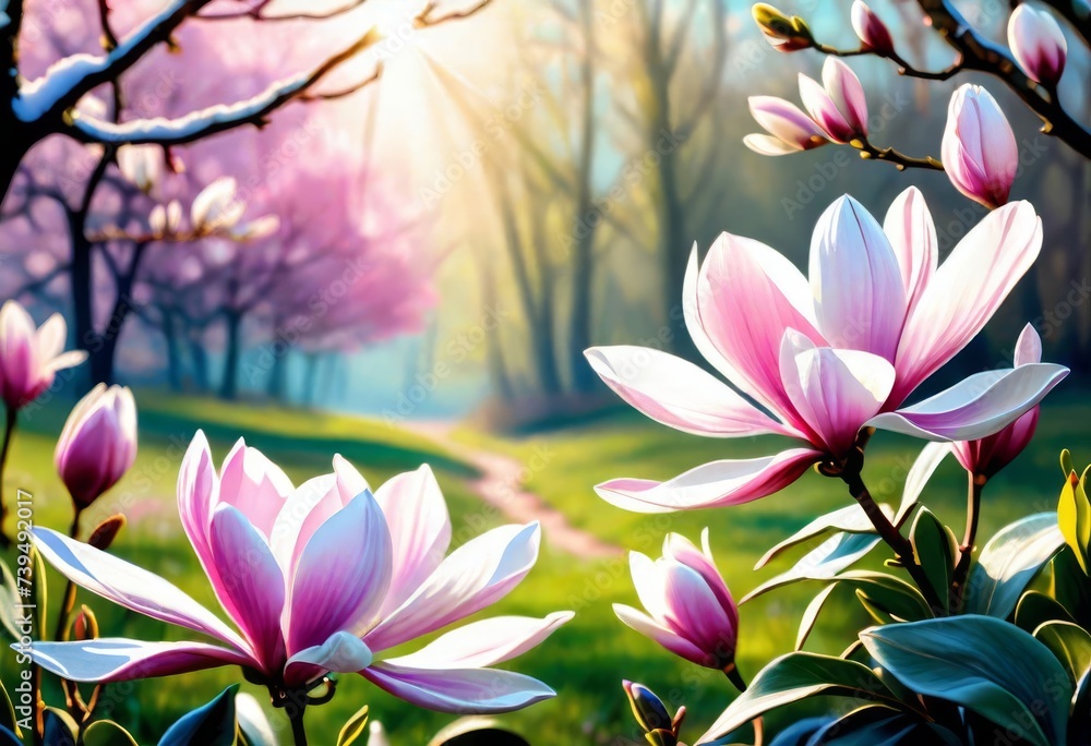 Magnolia flower against green grass background Magnolia flower against green grass background