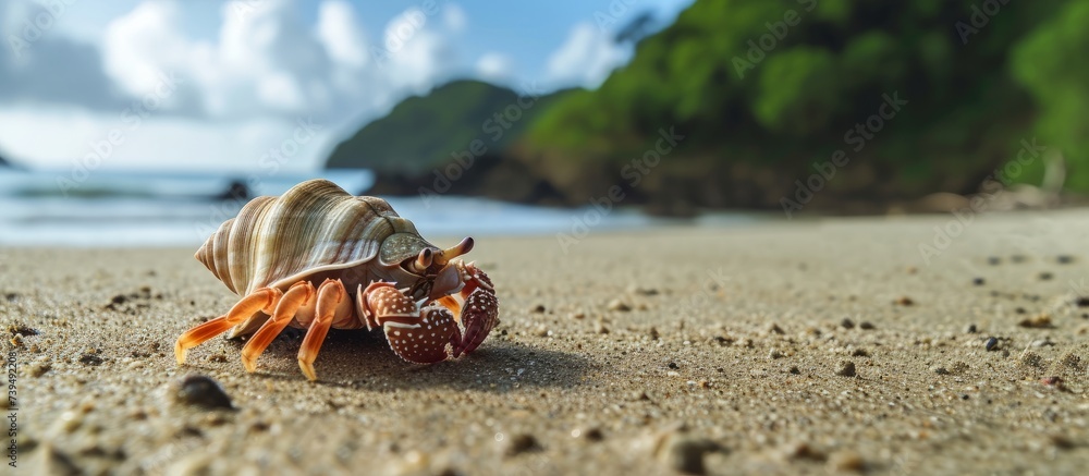 Peaceful hermit sitting on sandy beach enjoying solitude and holding a beautiful seashell