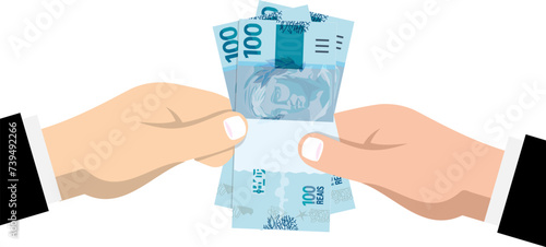 Entregando cédula de 100 reais, dinheiro da corrupção, governante de terno e gravata, dinheiro brasileiro do plano real