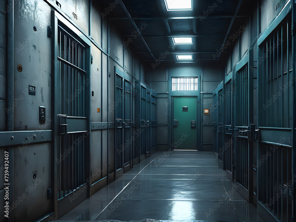 Cellblock Corridor: Stark Prison Environment with Clean, Endless Passageway. generative AI