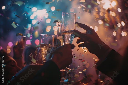 A lively New Year's Eve party with champagne toasts, confetti showers, and fireworks lighting up the night sky, marking the end of one year and the beginning of another with hope and excitement