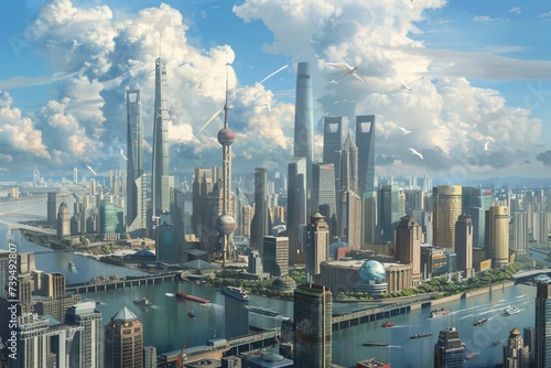 A panoramic view of a bustling city skyline dotted with towering skyscrapers housing multinational corporations  symbolizing the global reach and influence of modern business enterprises