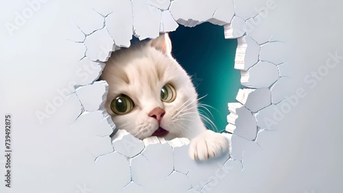 White cat curiously peering through a hole in a wall. The cats whiskers twitch as it observes its surroundings, its eyes focused and alert photo