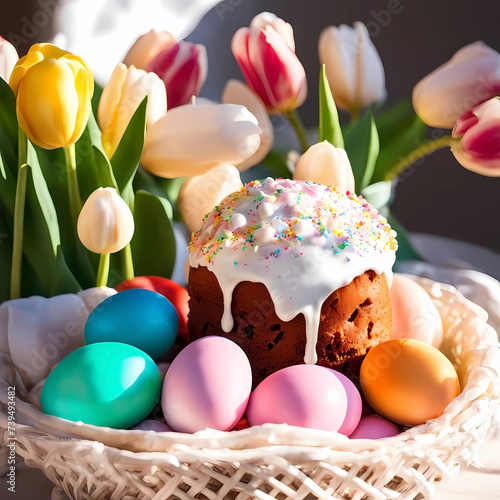 Easter. Colorful eggs and a cake with flowers
