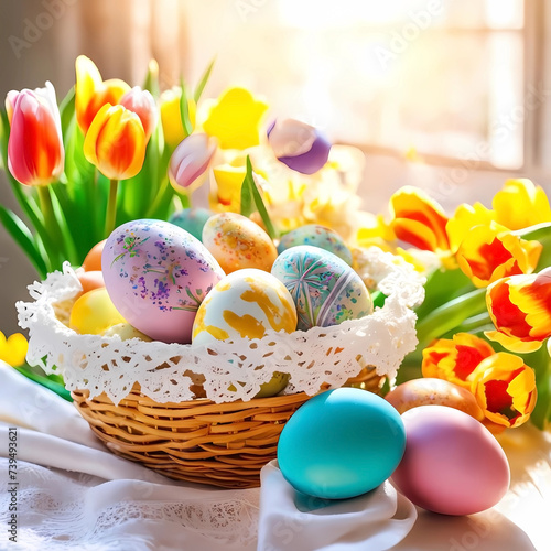 Easter. Colorful eggs and a cake with flowers. 