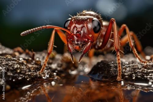 ant on a leaf, ants on the grass. majestic pharaoh ant in the morning rain macro photo close up, closeup shot of ant, A macro photograph of red ant on the ground. © Kamran