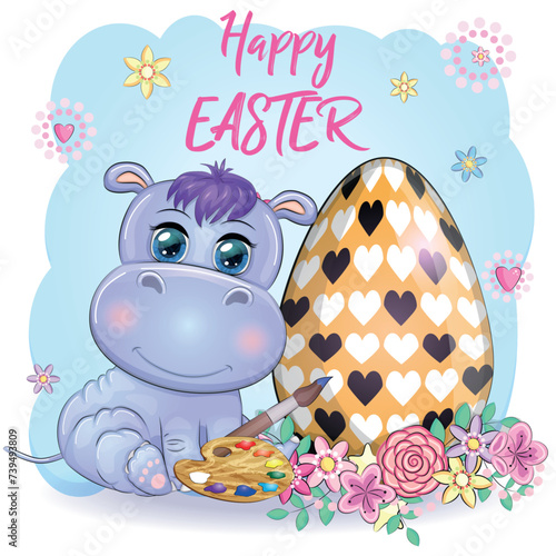 Cute cartoon hippo with Easter egg, Easter card