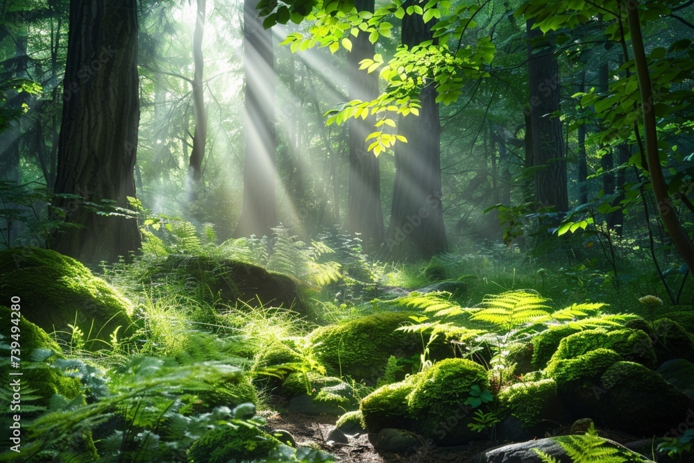 A tranquil forest scene with sunlight filtering through the canopy, illuminating a carpet of ferns and moss-covered rocks, 
