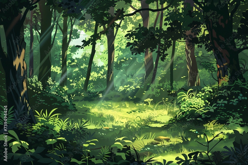 Obraz premium A tranquil forest scene with sunlight streaming through the canopy, casting dappled shadows on the lush green undergrowth, creating a peaceful and serene background