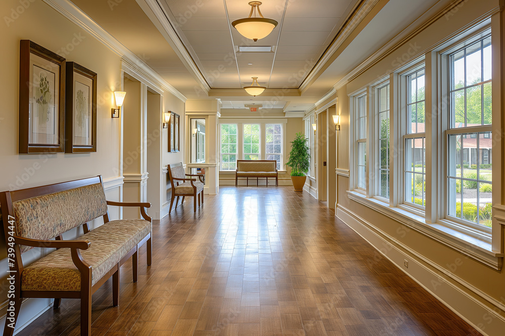 Spacious Interior Hallway with Benches, Large Windows, and Wooden Floors in a Modern Building. Concept of nursing home or house. Spacious Interior Hallway with Benches, Large Windows, and Wooden Floors in a Modern Building. Concept of nursing home or house.