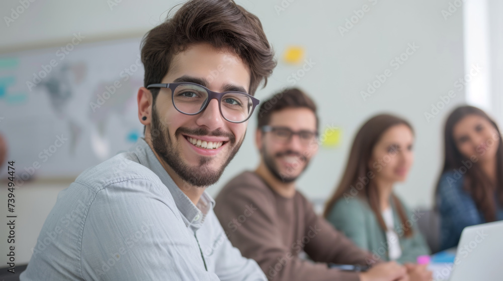 group of young professionals or students in a collaborative setting, with a focus on a young man in glasses smiling at the camera. group of young professionals or students in a collaborative setting, with a focus on a young man in glasses smiling at the camera.
