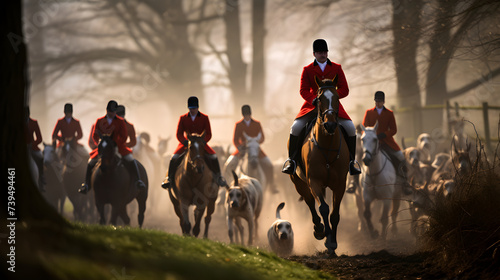 British Tradition in Full Thrust: Dramatic Capture of Fox Hunting - Riders, Horses and Hounds in Rural Countryside © Curtis