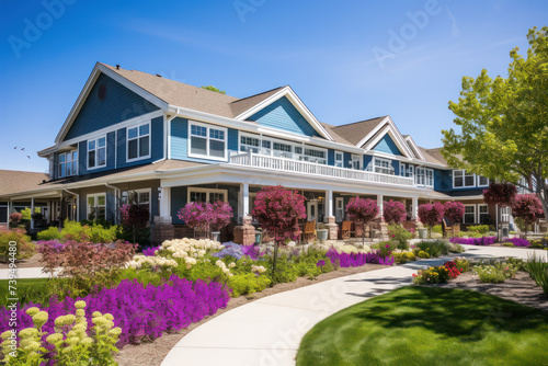 Spacious Suburban House with Landscaped Garden and Blue Sky Background. Concept of nursing home or house.  Banner photo