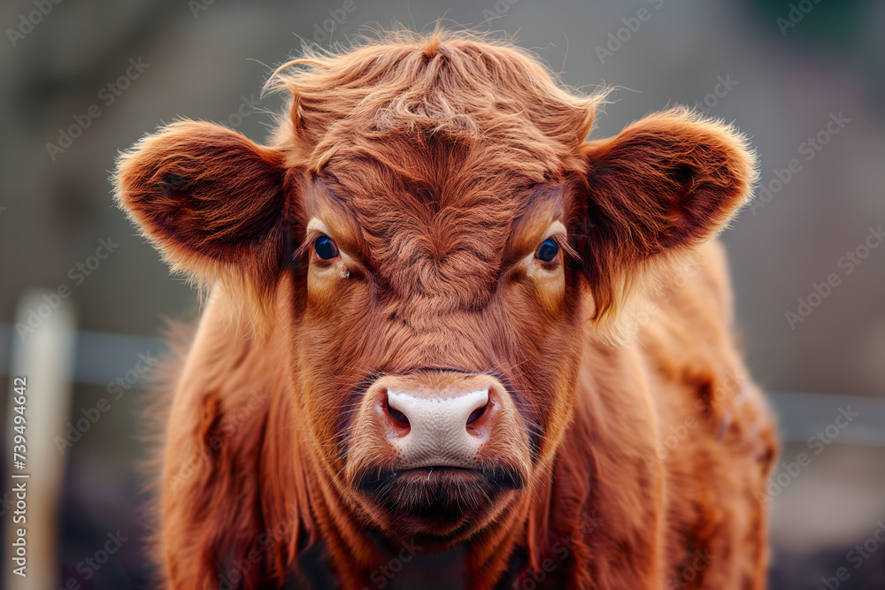 Close-up of a Highland cow's face, capturing its fluffy coat and gentle gaze Close-up of a Highland cow's face, capturing its fluffy coat and gentle gaze