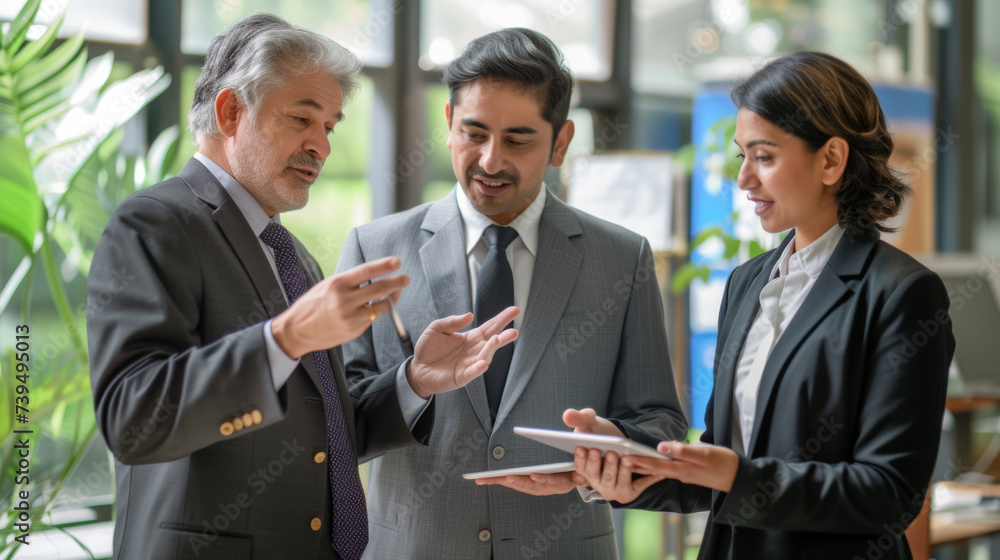 three business professionals in a modern office setting, one of whom is holding a digital tablet, indicating a discussion or review of digital content three business professionals in a modern office setting, one of whom is holding a digital tablet, indicating a discussion or review of digital content