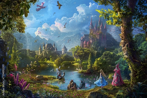 A whimsical scene of fairytale characters  such as princesses  knights  and dragons  embarking 