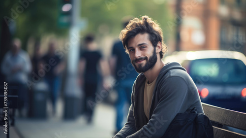 Attractive Italian guy with long hair and stubble sits on street bench photo