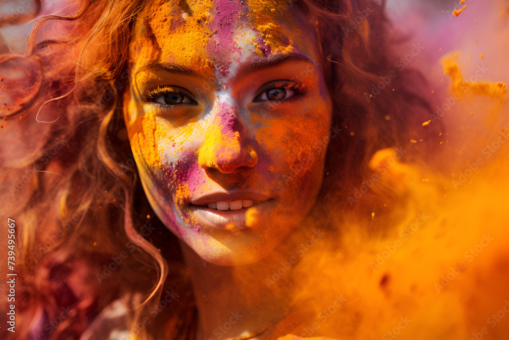 Portrait of a young woman surrounded by bursts of color at the Holi festival