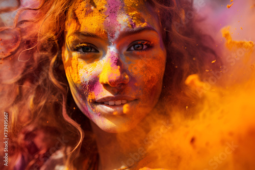 Portrait of a young woman surrounded by bursts of color at the Holi festival